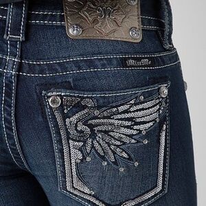 Miss Me Signature Buckle Low Rise Skinny Angel Wing Bling Stretch Jeans